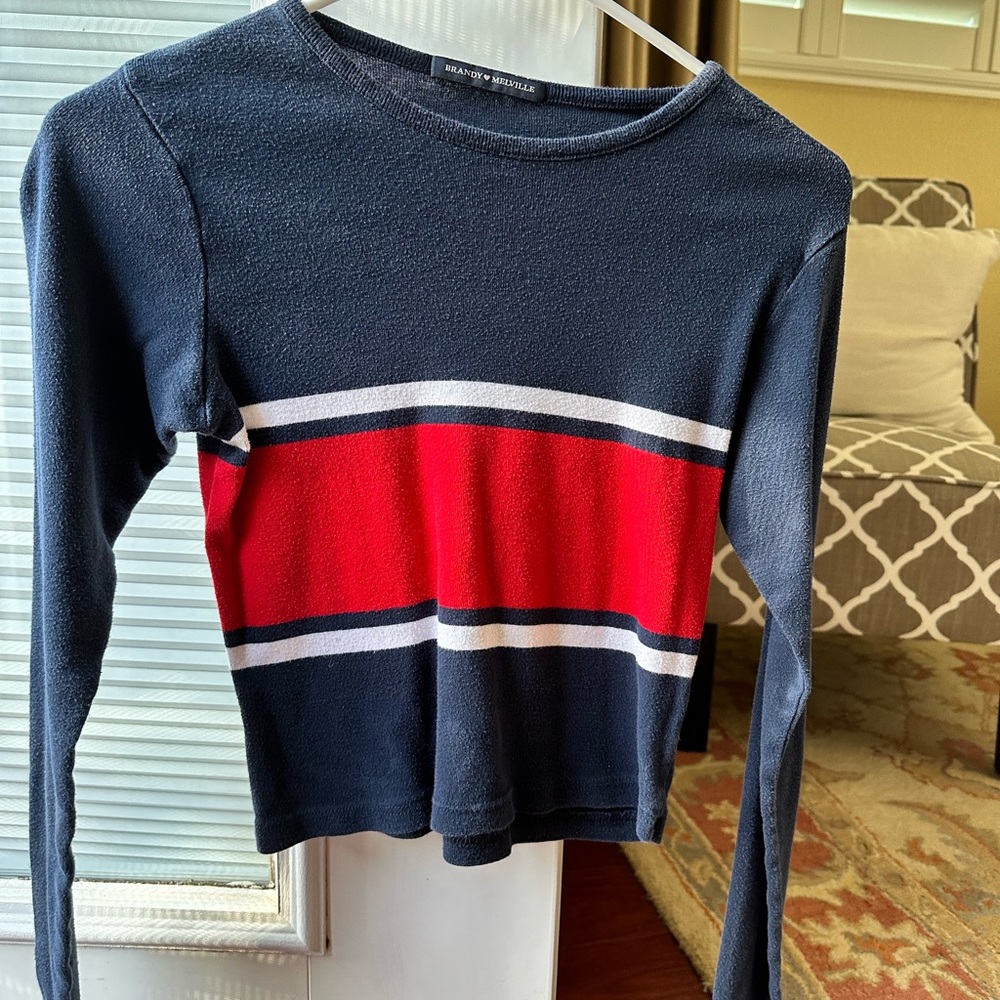 Brandy Melville Navy and Red Striped Long Sleeve Top
